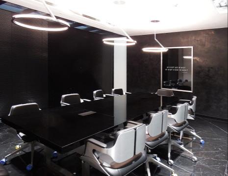 Boardroom with statement circular pendant lighting