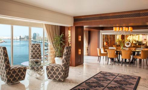 Sheraton Dubai Creek lounge with marina view